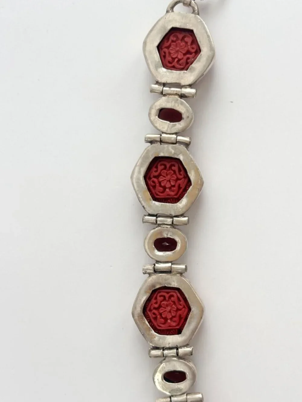 Cinnabar Hand Carved Sterling Silver Octagon Vintage Chainlink 925 Bracelet